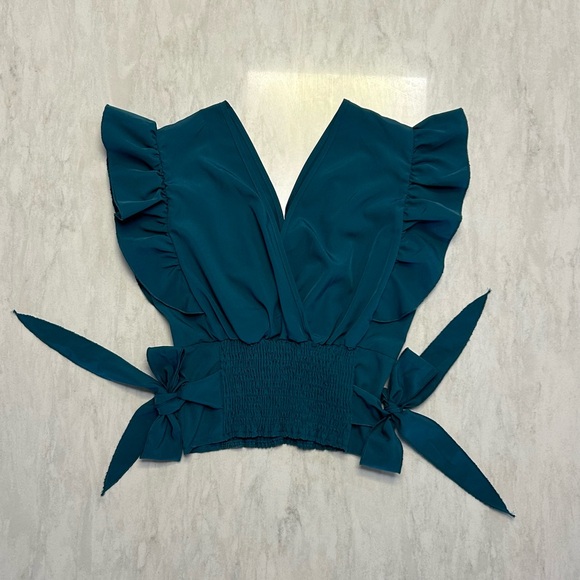 Teal Ruffle V-Neck Crop Top with Side Ties or tie in back - Picture 3 of 6